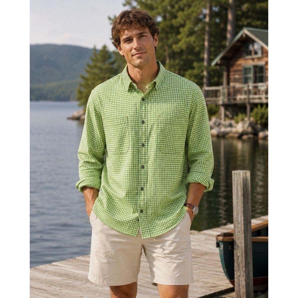 Orvis‎ Active Fit Shirt XXL Green Gingham Check Long Sleeve Button Down AA AB